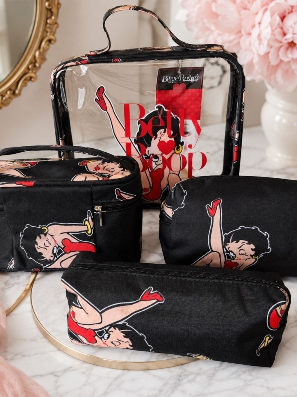 Betty Boop Clear Cosmetic Case & 3 Black Betty Boop Pouches